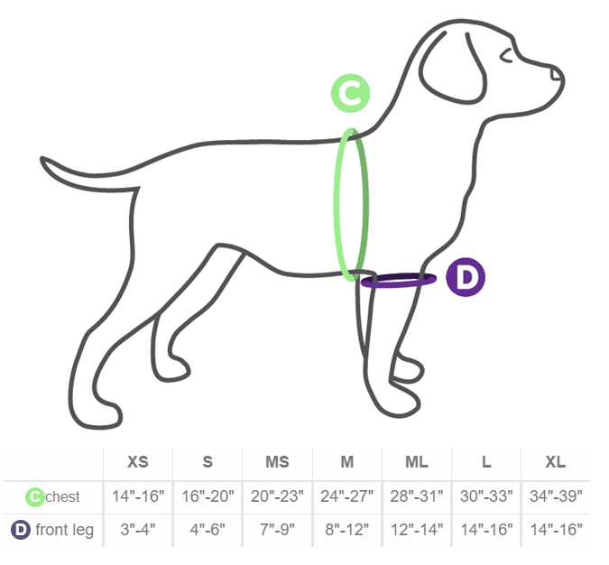 Walkabout Front Amputee Dog Harness Sizes