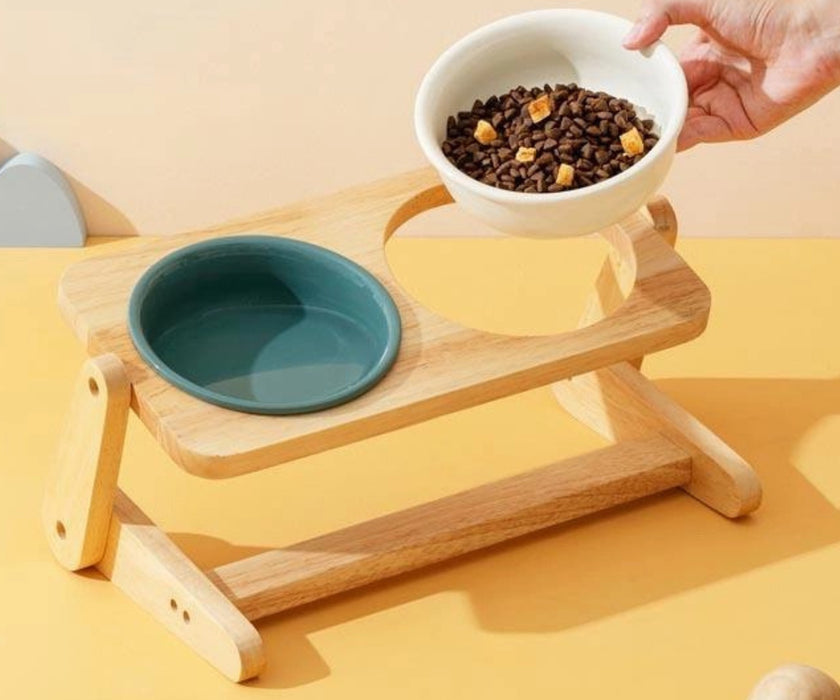 Raised Ceramic Dog Bowls with Adjustable Stand - Height & Angle Adjustable Wooden Stand (two bowls)