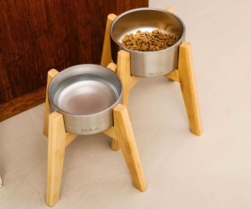 Raised Bamboo Dog Bowl Stand & Stainless Steel Bowl Set - Improve their Posture when Eating & Drinking (one stand & one bowl)