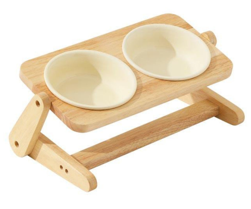 Raised Ceramic Dog Bowls with Adjustable Stand - Height & Angle Adjustable Wooden Stand (two bowls)