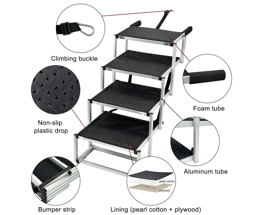 Zoomadog 4-Step Aluminium Foldable Dog Steps - Help With Car Access for Dogs up to 70kg (63.5cm High × 76cm Deep)