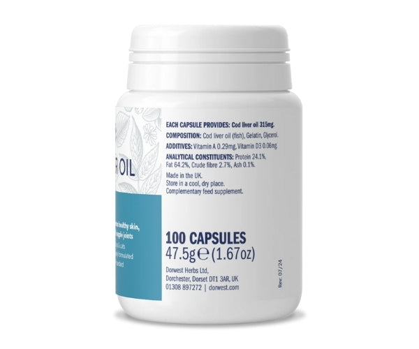 Dorwest Cod Liver Oil Capsules for Dogs - Omega 3 for Healthy Joints & Bones 100 or 200 Capsules