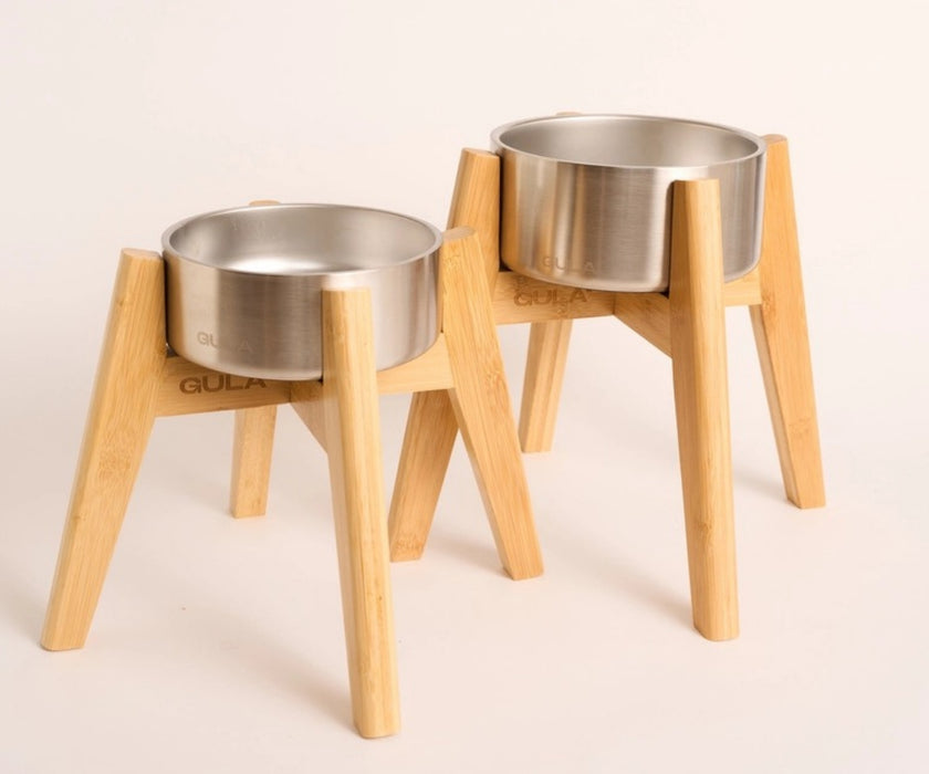 Raised Bamboo Dog Bowl Stand & Stainless Steel Bowl Set - Improve their Posture when Eating & Drinking (one stand & one bowl)