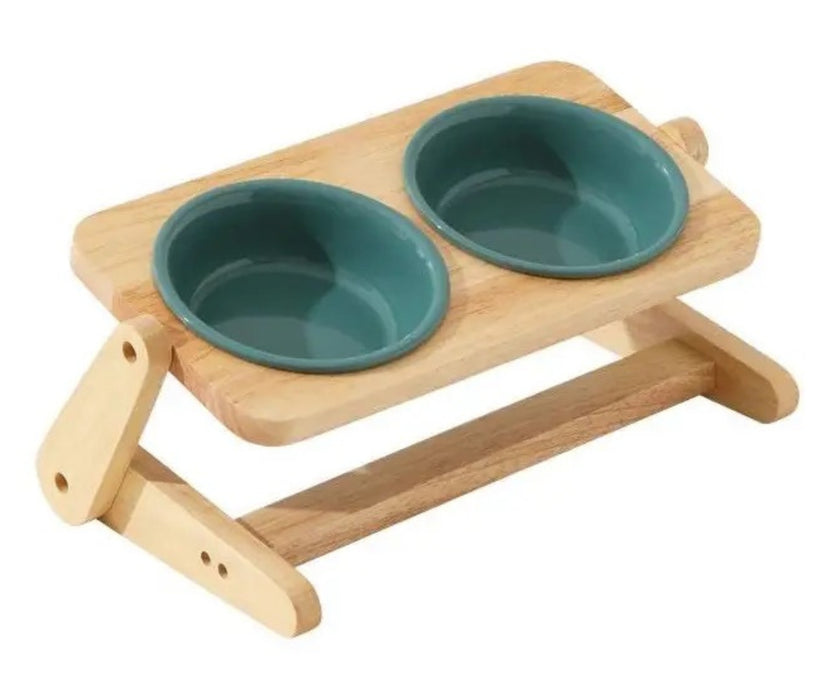 Raised Ceramic Dog Bowls with Adjustable Stand - Height & Angle Adjustable Wooden Stand (two bowls)