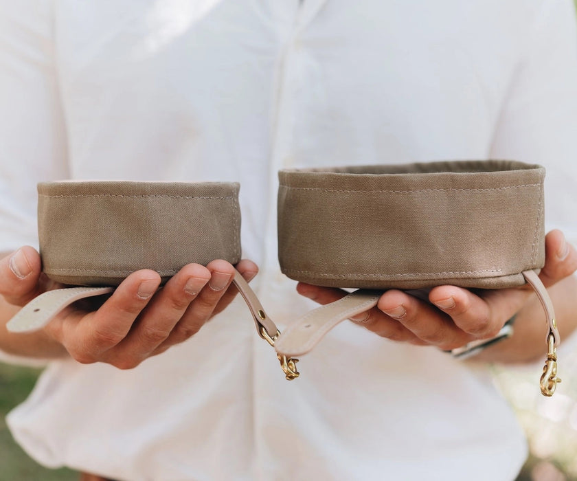 Foldable Waxed Canvas Dog Travel Bowl by Melo - Easily Roll Down with Carabiner Clip for Walks & Travel