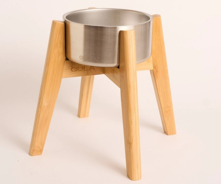 Raised Bamboo Dog Bowl Stand & Stainless Steel Bowl Set - Improve their Posture when Eating & Drinking (one stand & one bowl)