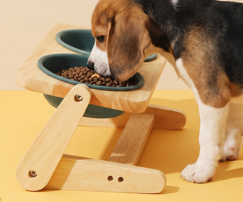 Raised Ceramic Dog Bowls with Adjustable Stand - Height & Angle Adjustable Wooden Stand (two bowls)