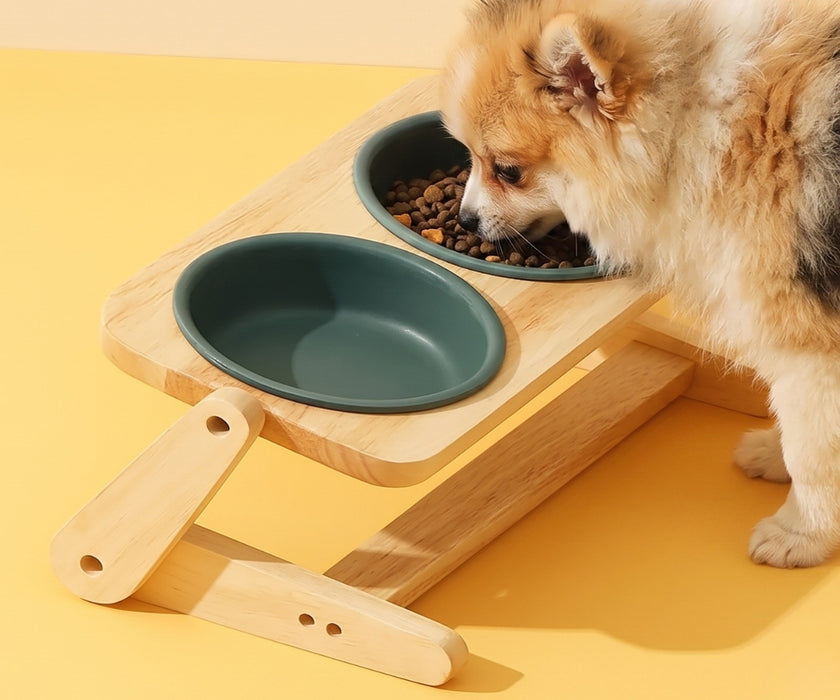 Raised Ceramic Dog Bowls with Adjustable Stand - Height & Angle Adjustable Wooden Stand (two bowls)