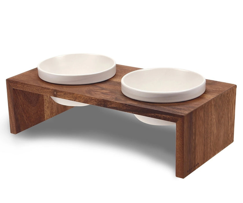 Raised Dog Double Bowl Set - Ceramic Feeding Station with Wooden Stand (two bowls)
