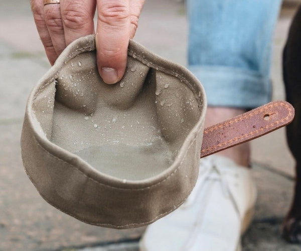 Foldable Waxed Canvas Dog Travel Bowl by Melo - Easily Roll Down with Carabiner Clip for Walks & Travel